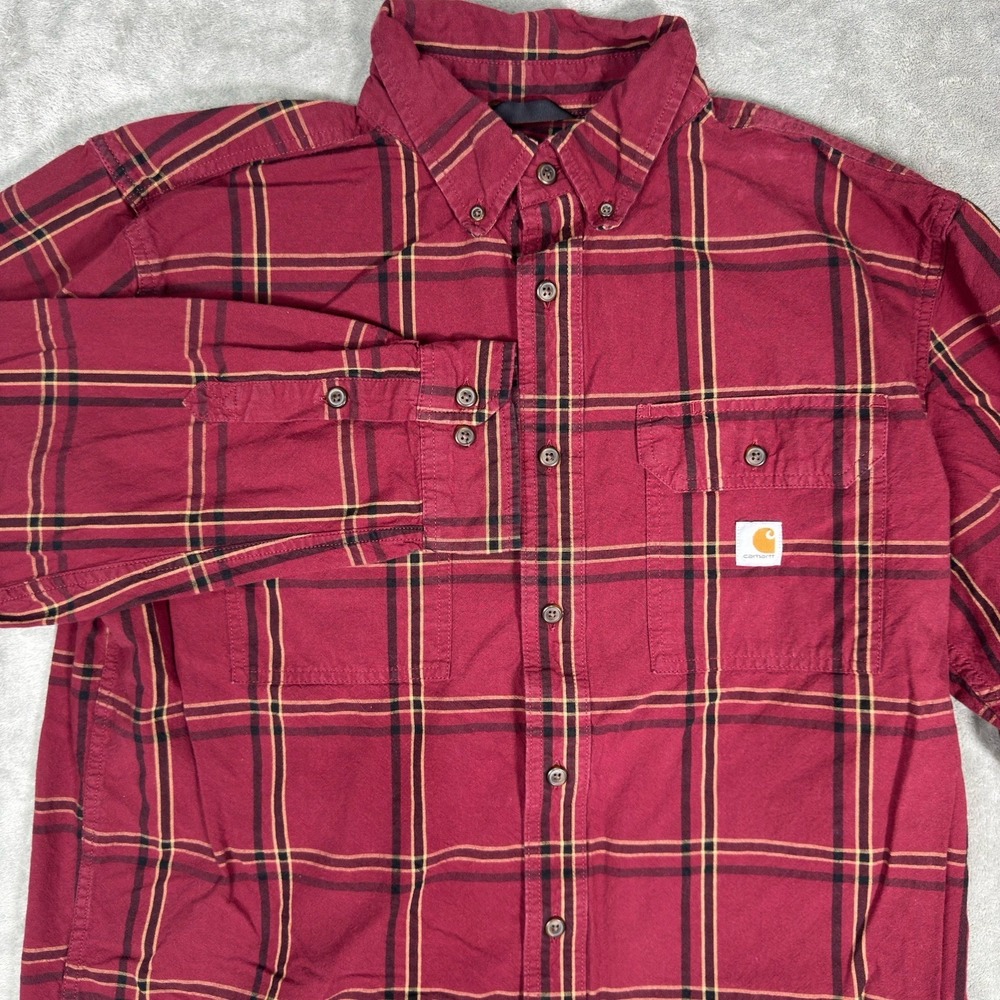 Carhartt Shirt Mens Large Chambray Red Plaid Button Up‎ Loose Fit TW4447-M Work
